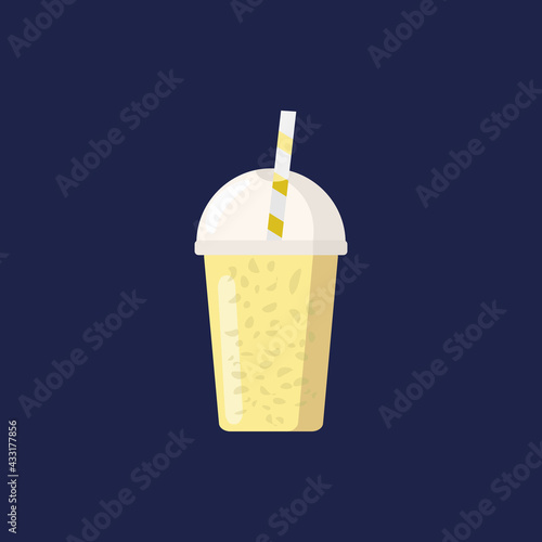 Flat vector illustration of yellow plastic to go cup with fruit and milk smoothie with straw.