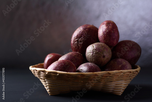 Fresh passion fruit in a bamboo basket, Tropical fruit, Still Life
