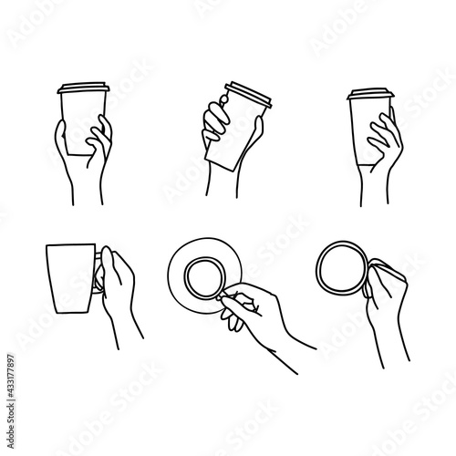 Set of hand drawn doodle sketch vector illustration of various male and female hands in a side view holding coffee or tea disposable to go paper cups. Isolated on white background.