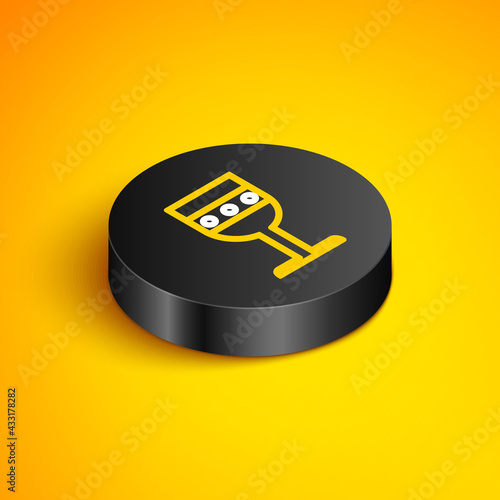 Isometric line Medieval goblet icon isolated on yellow background. Black circle button. Vector