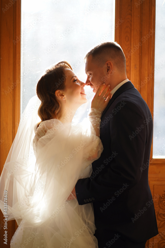 silhouettes of the bride and groom in sunlight through the glass in the door. silhouettes of the bride and groom in sunlight through the glass in the door.