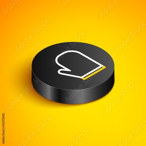 Isometric line Oven glove icon isolated on yellow background. Kitchen potholder sign. Cooking glove. Black circle button. Vector