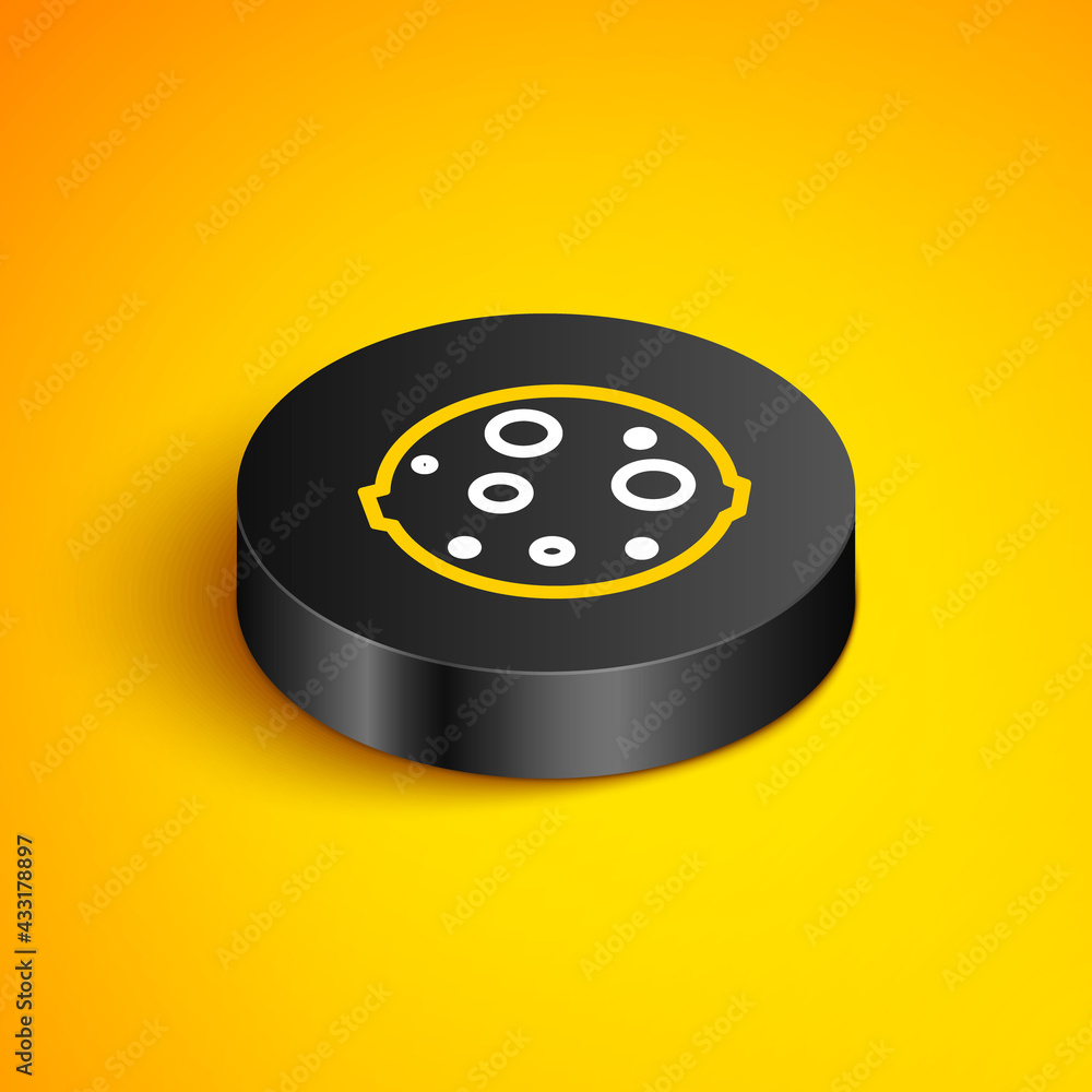 Isometric line Moon icon isolated on yellow background. Black circle button. Vector