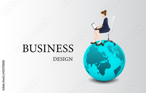 A business woman or a student sitting on a globe pressing a laptop computer