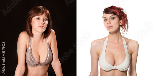 Φωτογραφία Closeup portraits of two beautiful women wearing a bra in front of white and bla