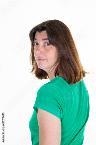 beautiful woman rear portrait middle aged female isolated over white background