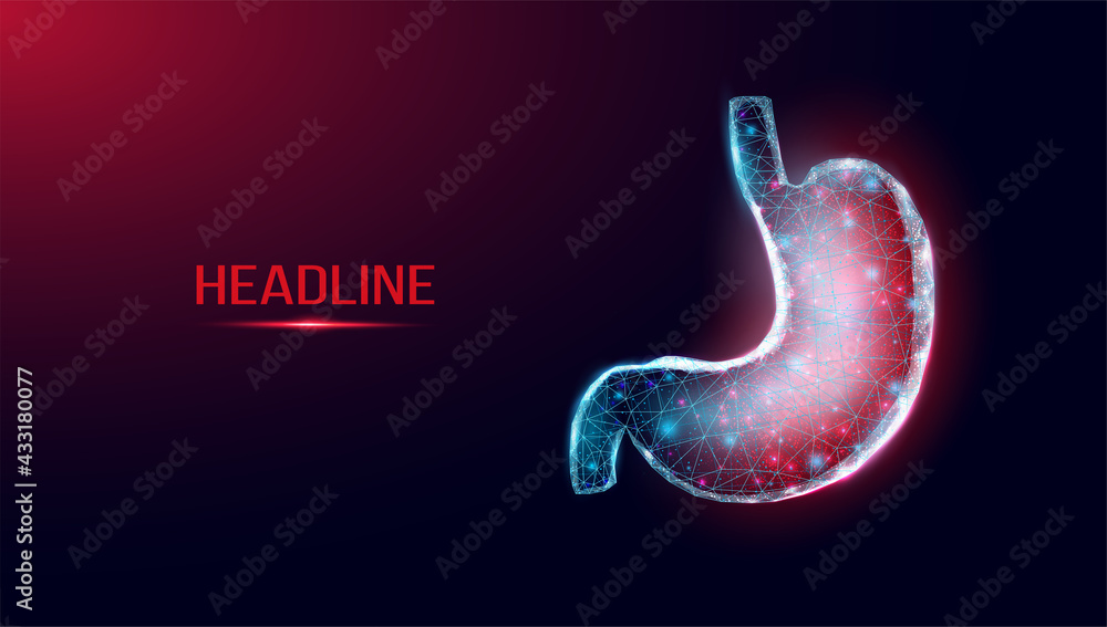 Fototapeta premium Human stomach pain. Wireframe low poly style. Concept for medical, treatment of the digestive system. Abstract modern 3d vector illustration on dark blue background.