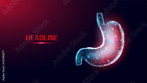 Human stomach pain. Wireframe low poly style. Concept for medical, treatment of the digestive system.  Abstract modern 3d vector illustration on dark blue background.