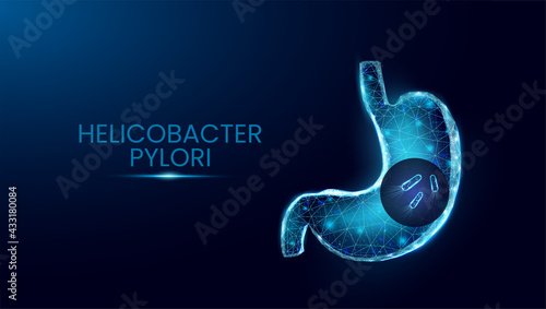 Human stomach and helicobacter pylori. Wireframe low poly style. Glowing polygonal bacteria cells isolated on dark blue background.  Vector illustration.