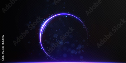 Abstract vector light neon lines swirling in a spiral. Light simulation of line movement. Light trail from the ring. Illuminated podium for promotional products.