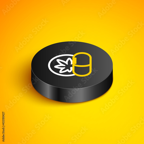 Isometric line Herbal ecstasy tablets icon isolated on yellow background. Black circle button. Vector