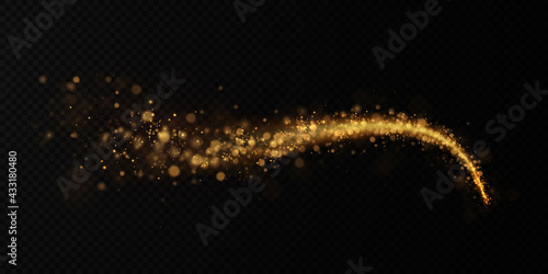 Golden light holiday comet. Magical shiny light line. Festive decoration element.