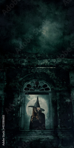 Scary halloween witch standing over ancient castle window  full moon with spooky cloudy sky  Halloween mystery concept