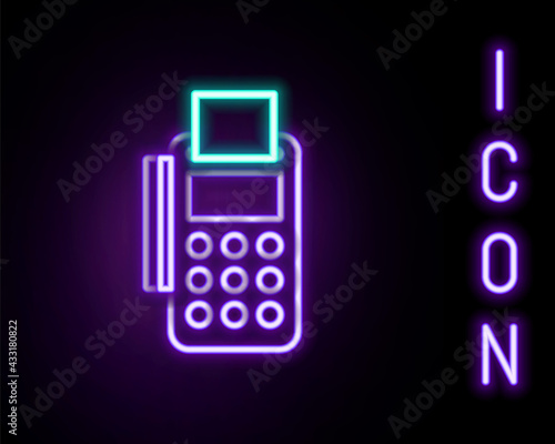 Glowing neon line POS terminal with inserted credit card and printed reciept icon isolated on black background. NFC payment concept. Colorful outline concept. Vector