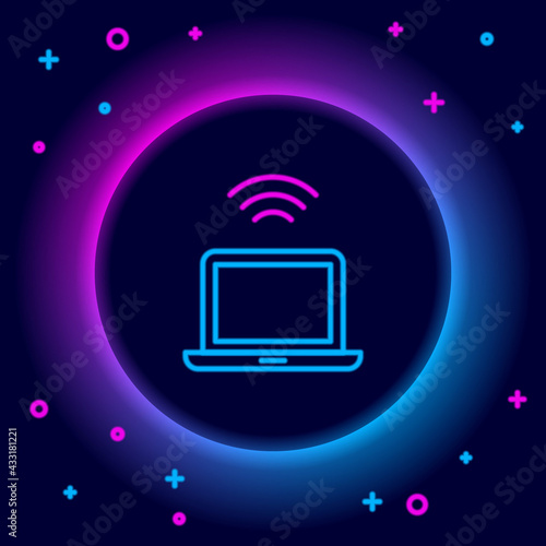 Glowing neon line Wireless laptop icon isolated on black background. Internet of things concept with wireless connection. Colorful outline concept. Vector