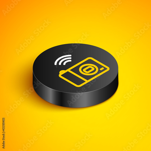 Isometric line Smart photo camera system icon isolated on yellow background. Internet of things concept with wireless connection. Black circle button. Vector