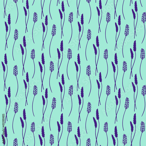 A seamless vector pattern of spikelets in a turquoise-violet color. Floral pattern with herbs. Plant background with beautiful spikelets. Lavender print for textile, fabric, Web page fill, wallpaper.