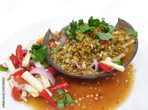 Spicy Horseshoe Crab Egg Salad (Yum Kai Mang Da). Spicy steam horseshoe crab Salad, favorite delicious hot and spicy seafood menu in Thailand
