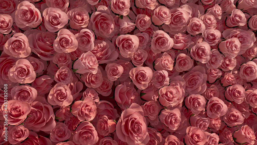 Bright Flowers arranged to create a Elegant wall. Red, Beautiful Background formed from Romantic Roses. 3D Render Bright Flowers arranged to create a Elegant wall. Red, Beautiful Background formed from Romantic Roses. 3D Render