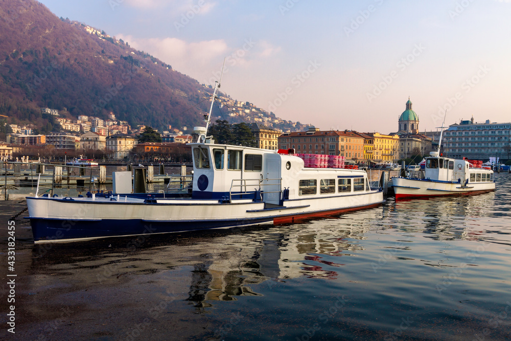 View of Como city and his harbour on the lake