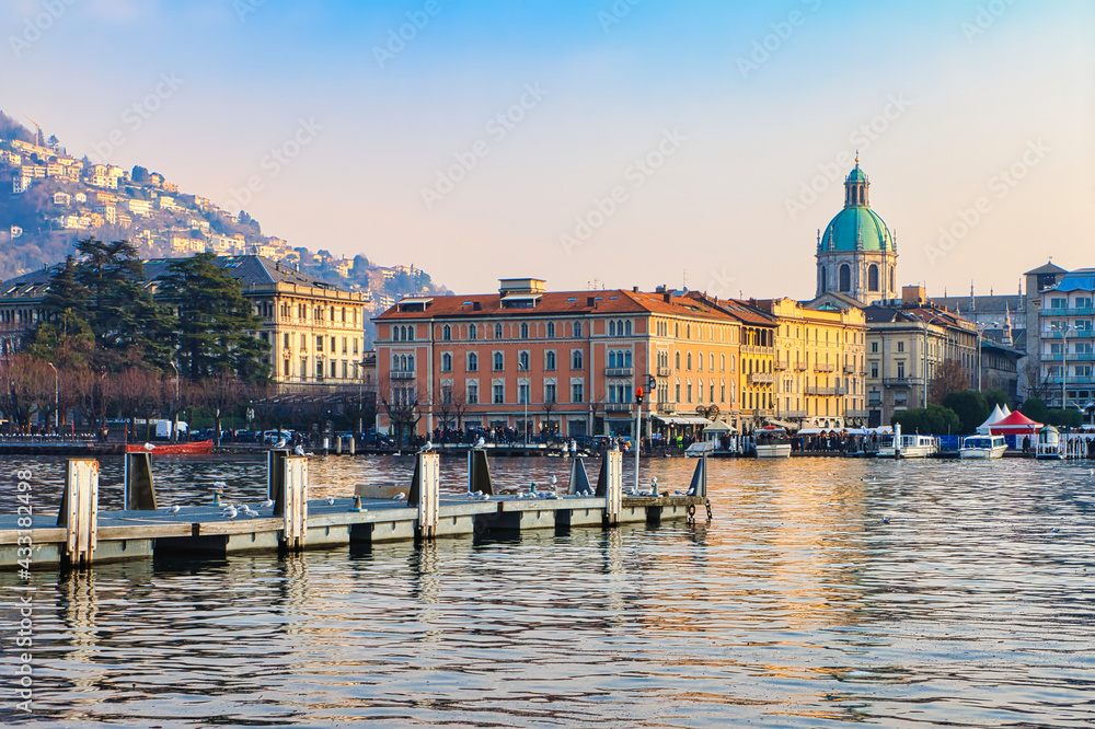 View of Como city and his harbour on the lake