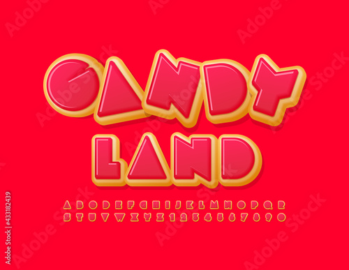 Vector bright emblem Candy Land with Creative Donut Font. Pink glazed Alphabet Letters and Numbers set