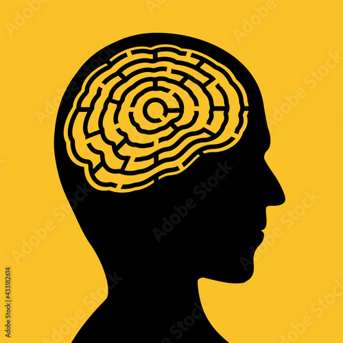 Silhouette of human head with a maze instead of a brain inside