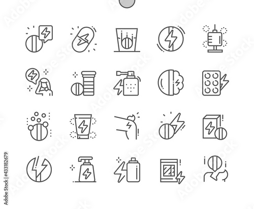 Analgesic. Pain pills. Anesthetic gel, spray and patch. Headache. Health care, medical and medicine. Pixel Perfect Vector Thin Line Icons. Simple Minimal Pictogram