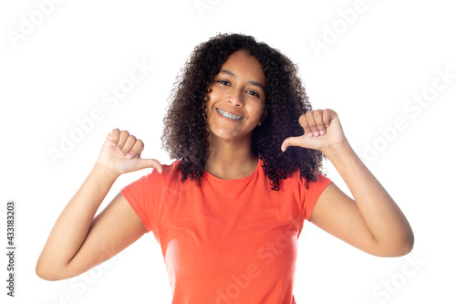 Close up of smiling little african american kid girl wearing red t-shirt looking at camera isolated on a white background