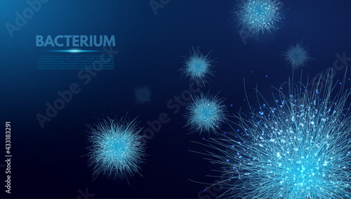 Bacterium. Vector abstract microscopic medical illustration of blue bacteria types, virus or spore close up on dark background. .Concept for science, technology, medicine. Vector illustration.