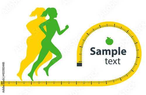 Weight loss. The influence of diet on the weight of the person. Young woman before and after diet and fitness. Weight loss concept. Fat and thin woman. Blank space for your content, template.