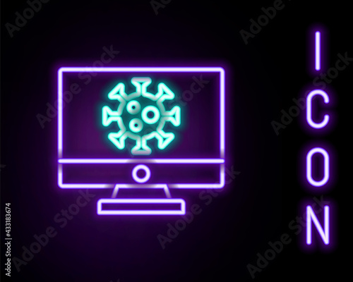 Glowing neon line Virus statistics on monitor icon isolated on black background. Corona virus 2019-nCoV. Bacteria and germs, cell cancer, microbe, fungi. Colorful outline concept. Vector