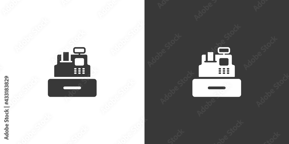 Cash register. Cashier machine. Isolated icon on black and white background. Commerce glyph vector illustration Cash register. Cashier machine. Isolated icon on black and white background. Commerce glyph vector illustration