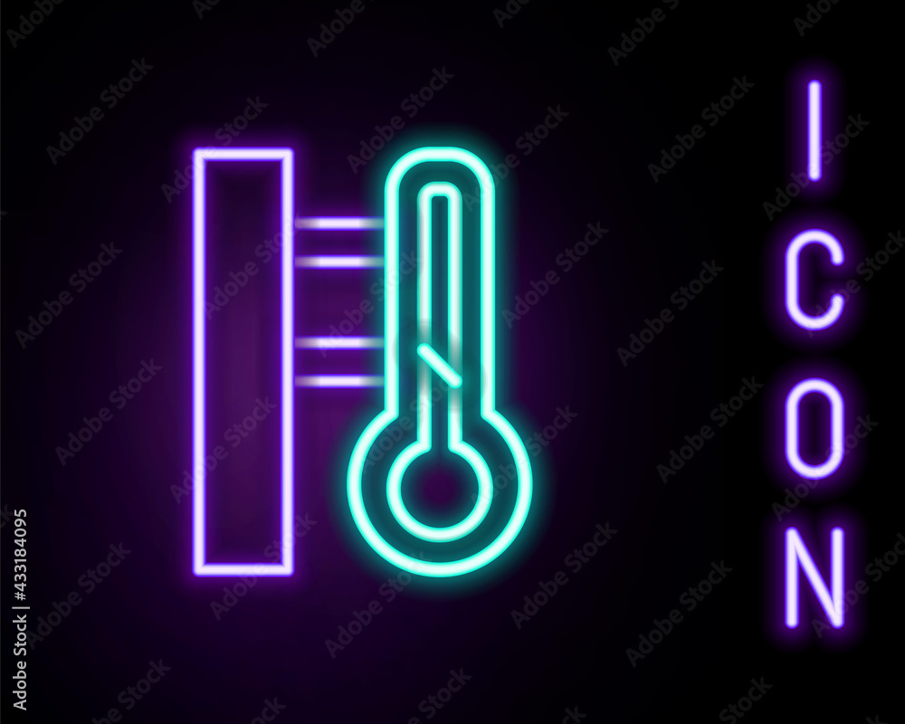 Glowing neon line Meteorology thermometer measuring icon isolated on black background. Thermometer equipment showing hot or cold weather. Colorful outline concept. Vector Glowing neon line Meteorology thermometer measuring icon isolated on black background. Thermometer equipment showing hot or cold weather. Colorful outline concept. Vector