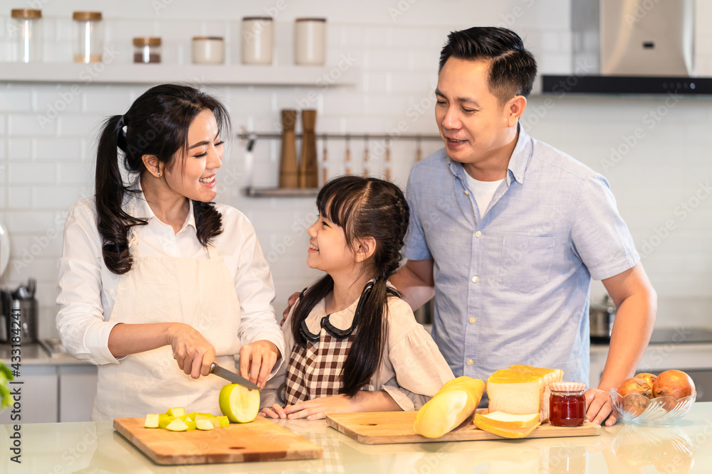 Asian happy family preparing and cooking food in the kitchen at home.