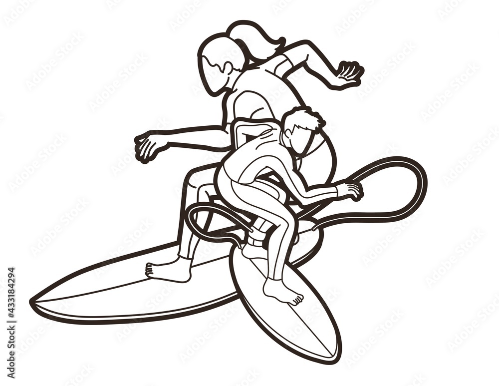 Fototapeta premium Surfer Action Group of Surfing Sport Male and Female Players Cartoon Graphic Vector