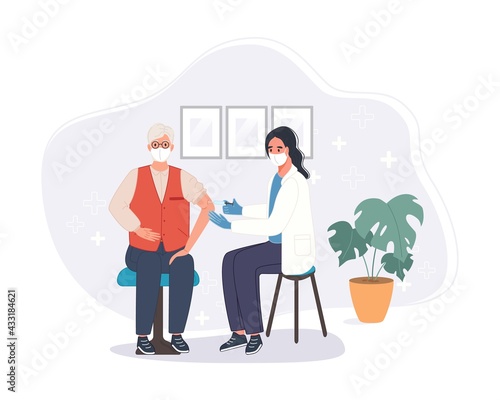 Medical doctor in clinic giving senior man injection coronavirus vaccine. Immunity health vaccination concept in hospital. Covid vaccine shot for patient. Vector