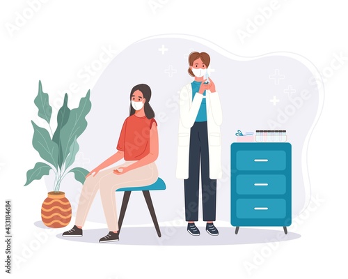 Medical doctor in clinic giving senior man injection coronavirus vaccine. Immunity health vaccination concept in hospital. Covid vaccine shot for patient. Vector