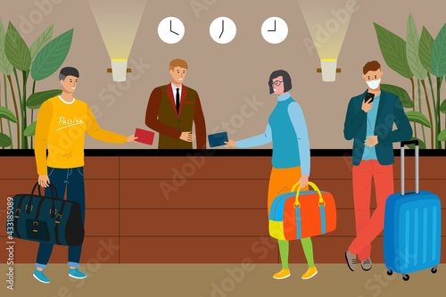 Hotel reception. Three tourists with luggage stand in line for check-in at the hotel and give the receptionist a passport