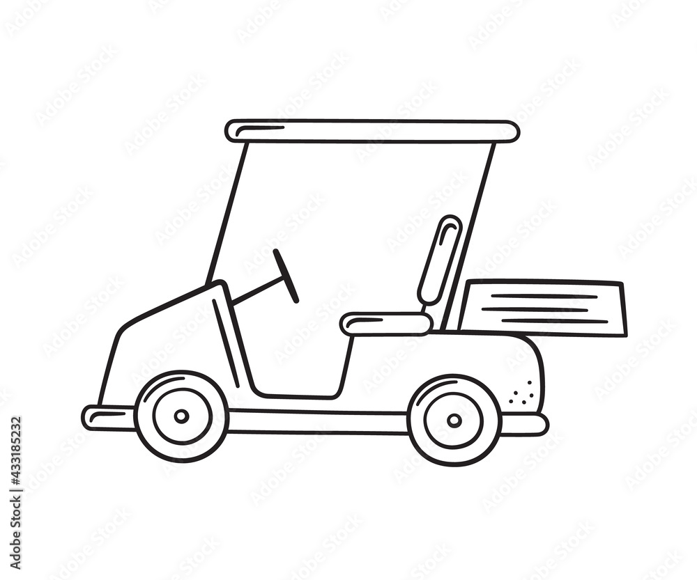 Golf cart in doodle style. Hand drawn electric car. Isolated vector illustration on white background.