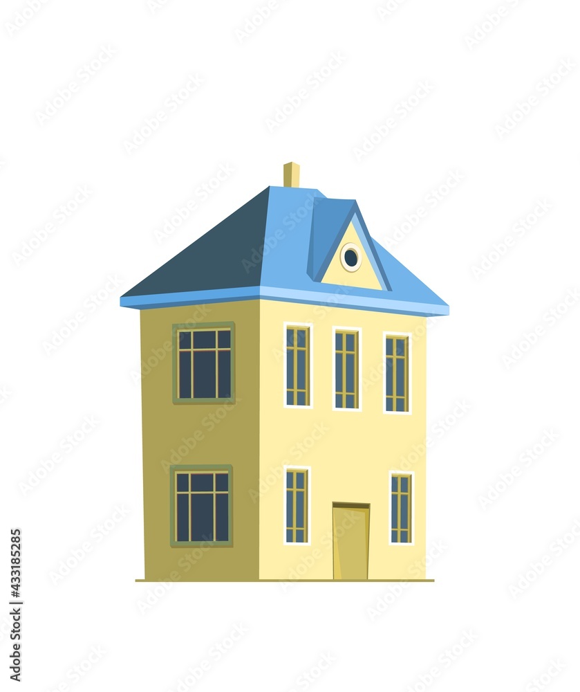 Rural house in a cheerful cartoon flat style. Isolated on white background. Half turn. Gable blue roof. Small cozy suburban cottage. Rural village. Plastered yellow walls. Vector. Rural house in a cheerful cartoon flat style. Isolated on white background. Half turn. Gable blue roof. Small cozy suburban cottage. Rural village. Plastered yellow walls. Vector.