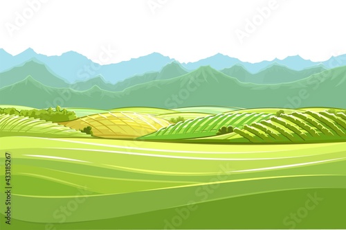 Hills and meadows. Haymaking in pastures. Agricultural land. Green grass. Mountains in the distance. Beautiful rural landscape. Isolated over white background. Vector