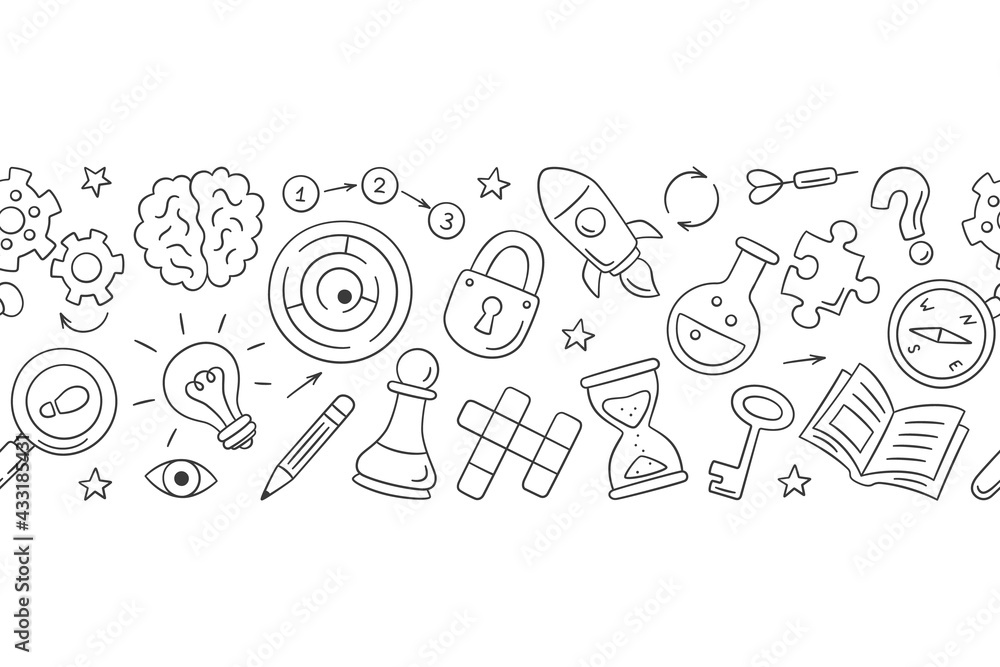 Puzzle and riddles. Hand drawn horizontal pattern with crossword puzzle, maze, brain, chess piece, light bulb, labyrinth, gear, lock and key. Vector illustration in doodle style on white background. Puzzle and riddles. Hand drawn horizontal pattern with crossword puzzle, maze, brain, chess piece, light bulb, labyrinth, gear, lock and key. Vector illustration in doodle style on white background.