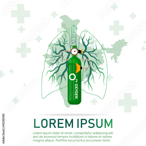 Concept of Oxygen Shortage in India during the second wave of coronavirus Covid-19 pandemic. Indian map with oxygen cylinder and human lungs on white background, Flat image. Vector illustration