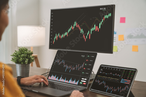 Stock exchange market concept, business people trader looking computer with graphs analysis candle line on table in office, diagrams on screen.