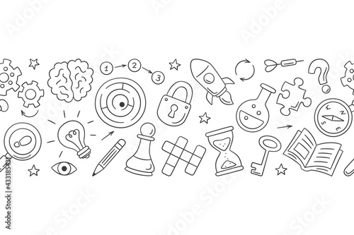 Puzzle and riddles. Hand drawn horizontal pattern with crossword puzzle, maze, brain, chess piece, light bulb, labyrinth, gear, lock and key. Vector illustration in doodle style on white background.