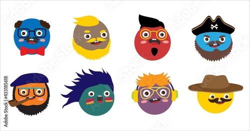 Set of people avatars. Round comic funny faces. Cute bright characters, different emotions, facial expressions. Flat cartoon isolated vector