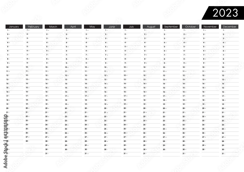 2023 Yearly black and white planner. Horizontal Wall calendar design  template. Annual worldwide printable wall planner. Vector Stock Vector |  Adobe Stock