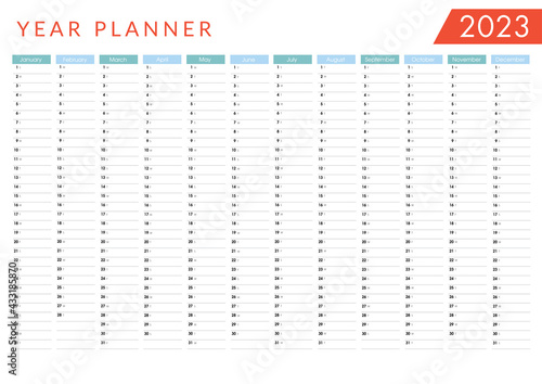 2023 Yearly wall planner. Calendar vector design template. Horizontal annual worldwide printable planner. Blue, white, red.