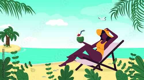 Woman in swimsuit summer hat sitting on tropical beach. Blue sea island in the background. Summer vacation concept. Girl in bikini travel sea. Tropical island paradise. Palm leaves, ocean wave seaside
